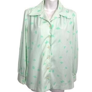 Center Stage Womens Green Long Sleeve Print Vintage Button Down 1970's Top L